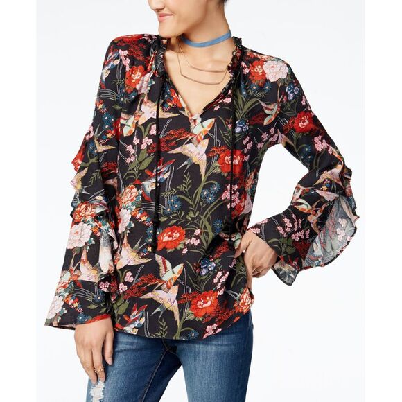Jessica Simpson Juniors Terry Printed Ruffle Trim Blouse - Picture 1 of 4